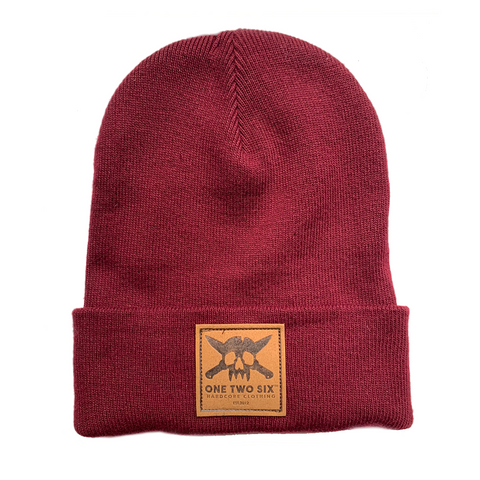 Eco Leather Patch Recycled Beanie (Burgundy)