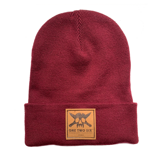 Eco Leather Patch Recycled Beanie (Burgundy)